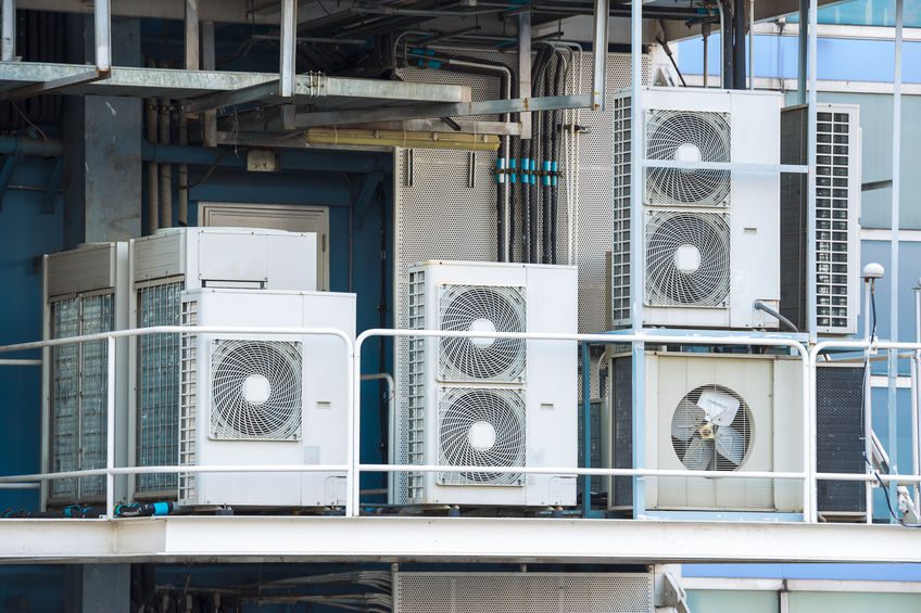 Industrial air cooled condenser was installed on the factory balcony.